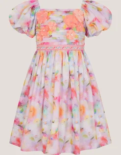Floral Broderie Puff Sleeve Party Dress Multi