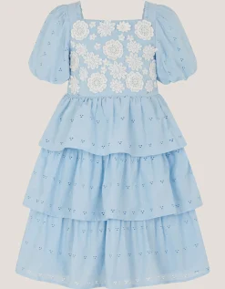 Floral Broderie Puff Sleeve Tiered Dress Blue