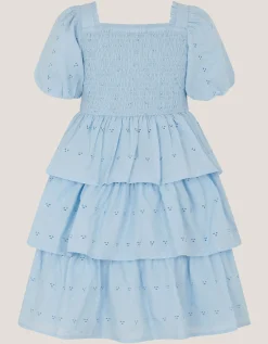 Floral Broderie Puff Sleeve Tiered Dress Blue