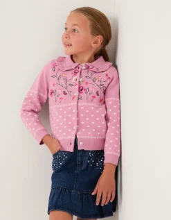 Floral Embroidered Collar Cardigan Pink