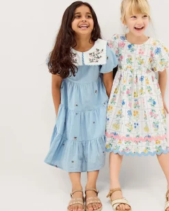 Floral Embroidered Collar Dobby Dress Blue