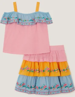Floral Embroidered Colourblock Top & Skirt Set Multi