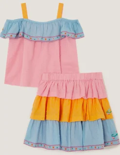 Floral Embroidered Colourblock Top & Skirt Set Multi