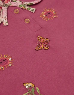 Floral Embroidered Cotton T-Shirt Pink