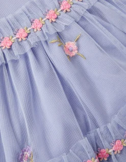 Floral Embroidered Floral Tulle Tier Dress Blue