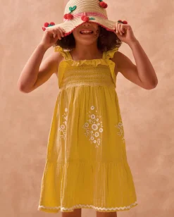 Floral Embroidered Frill Dress Yellow