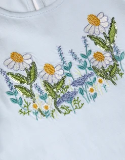 Floral Embroidered Frill T-Shirt Blue
