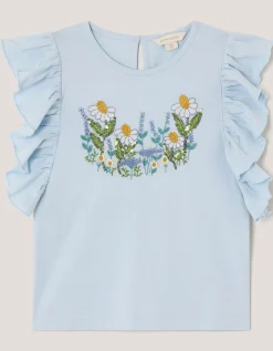 Floral Embroidered Frill T-Shirt Blue