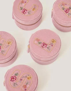 Floral Embroidered Initial Jewellery Box Pink