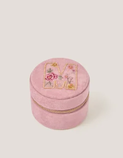 Floral Embroidered Initial Jewellery Box Pink