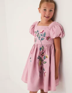 Floral Embroidered Puff Sleeve Dress Purple