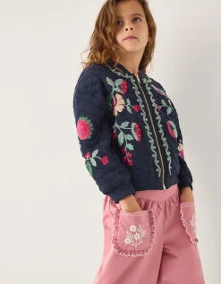 Floral Embroidered Quilted Bomber Jacket Blue