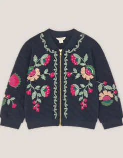 Floral Embroidered Quilted Bomber Jacket Blue