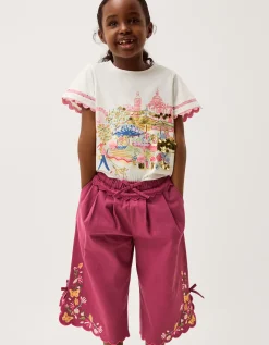 Floral Embroidered Scallop Trim Trousers Pink