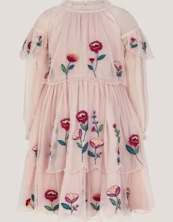 Floral Embroidered Scallop Tiered Dress Cream
