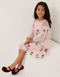 Floral Embroidered Scallop Tiered Dress Cream