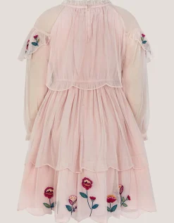 Floral Embroidered Scallop Tiered Dress Cream