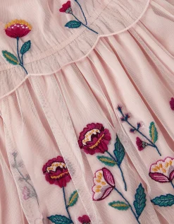 Floral Embroidered Scallop Tiered Dress Cream