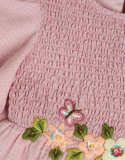 Floral Embroidered Smocked Dress Pink