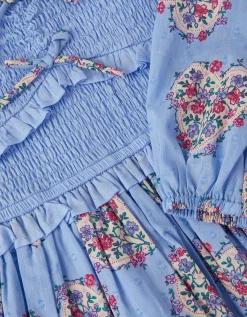 Floral Heart Long Sleeve Smocked Dress Blue