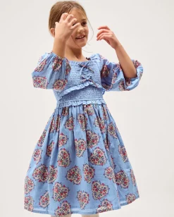 Floral Heart Long Sleeve Smocked Dress Blue