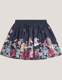 Floral Horse Print Satin Skirt Blue