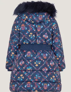 Floral Print Bow Puffer Coat Blue