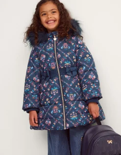 Floral Print Bow Puffer Coat Blue