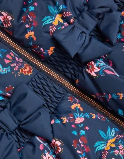 Floral Print Bow Puffer Coat Blue