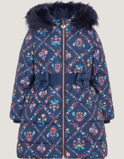 Floral Print Bow Puffer Coat Blue