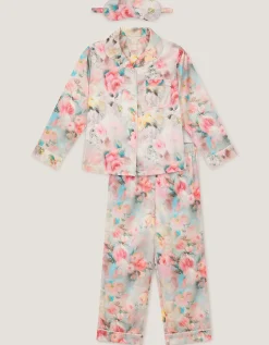 Floral Print Satin Long Pyjama & Eye Mask Set Multi