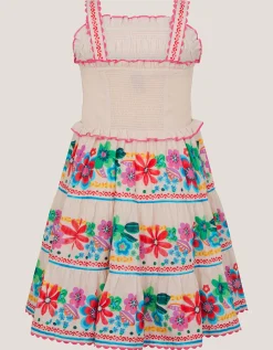 Floral Print Shirred Dress White
