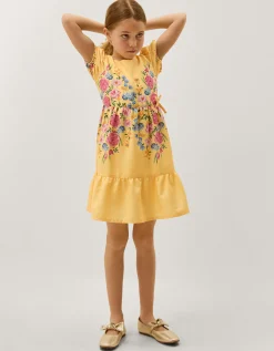 Floral Puff Sleeve Dress Yellow
