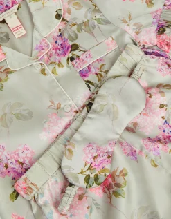 Floral Satin Short Pyjamas & Eye Mask Set Green
