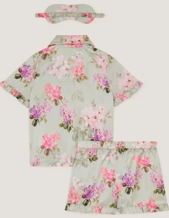 Floral Satin Short Pyjamas & Eye Mask Set Green