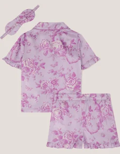 Floral Satin Short Pyjamas & Sleep Mask Set Purple
