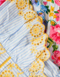 Floral Stripe Broderie Sleeve Dress Blue