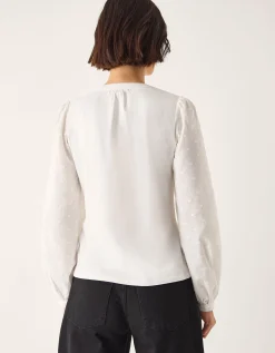 Flossy Embroidered Sleeve Top Ivory