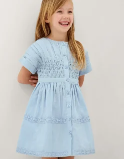 Flower Button Smocked Dress Blue