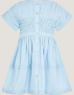 Flower Button Smocked Dress Blue