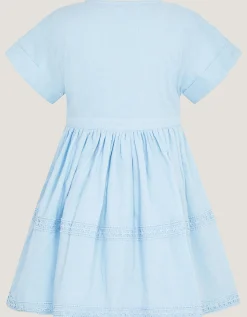 Flower Button Smocked Dress Blue