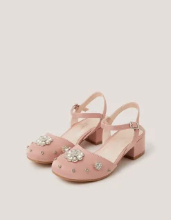 Flower Diamanté Satin Closed Toe Heels Pink