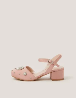 Flower Diamanté Satin Closed Toe Heels Pink