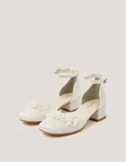 Flower Embellished Closed Toe Heels Ivory
