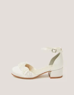 Flower Embellished Closed Toe Heels Ivory