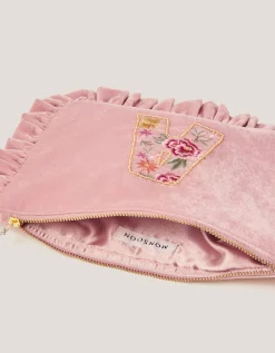 Flower Initial Velvet Pouch Pink