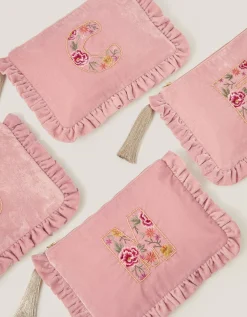 Flower Initial Velvet Pouch Pink
