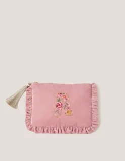 Flower Initial Velvet Pouch Pink
