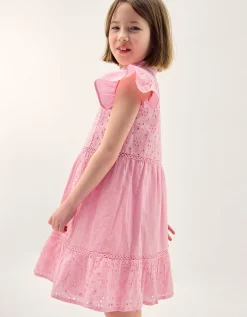 Flutter Sleeve Broderie Tiered Dress Pink