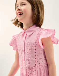 Flutter Sleeve Broderie Tiered Dress Pink